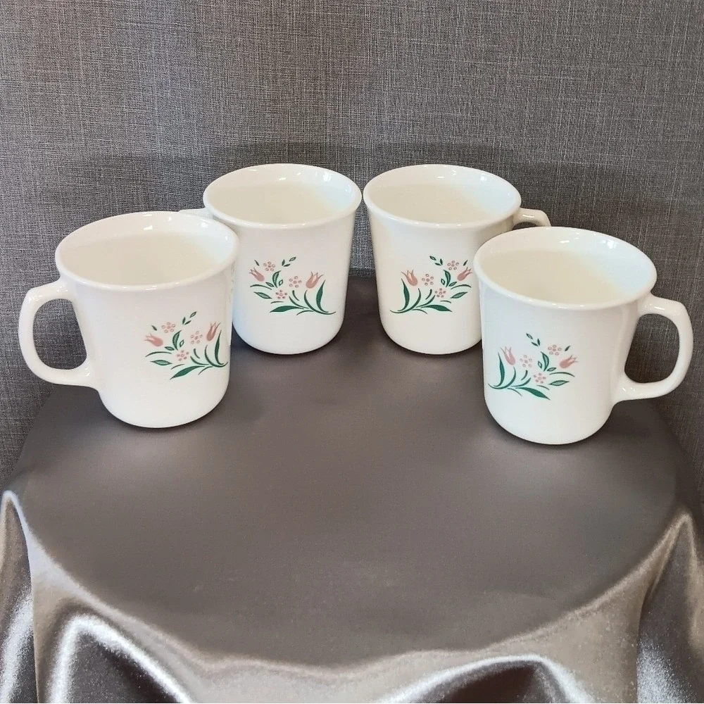 Set of 4 Vintage Corelle Rosemarie Mugs Pink Tulip Flower Corning Ware Tea‎ Cups